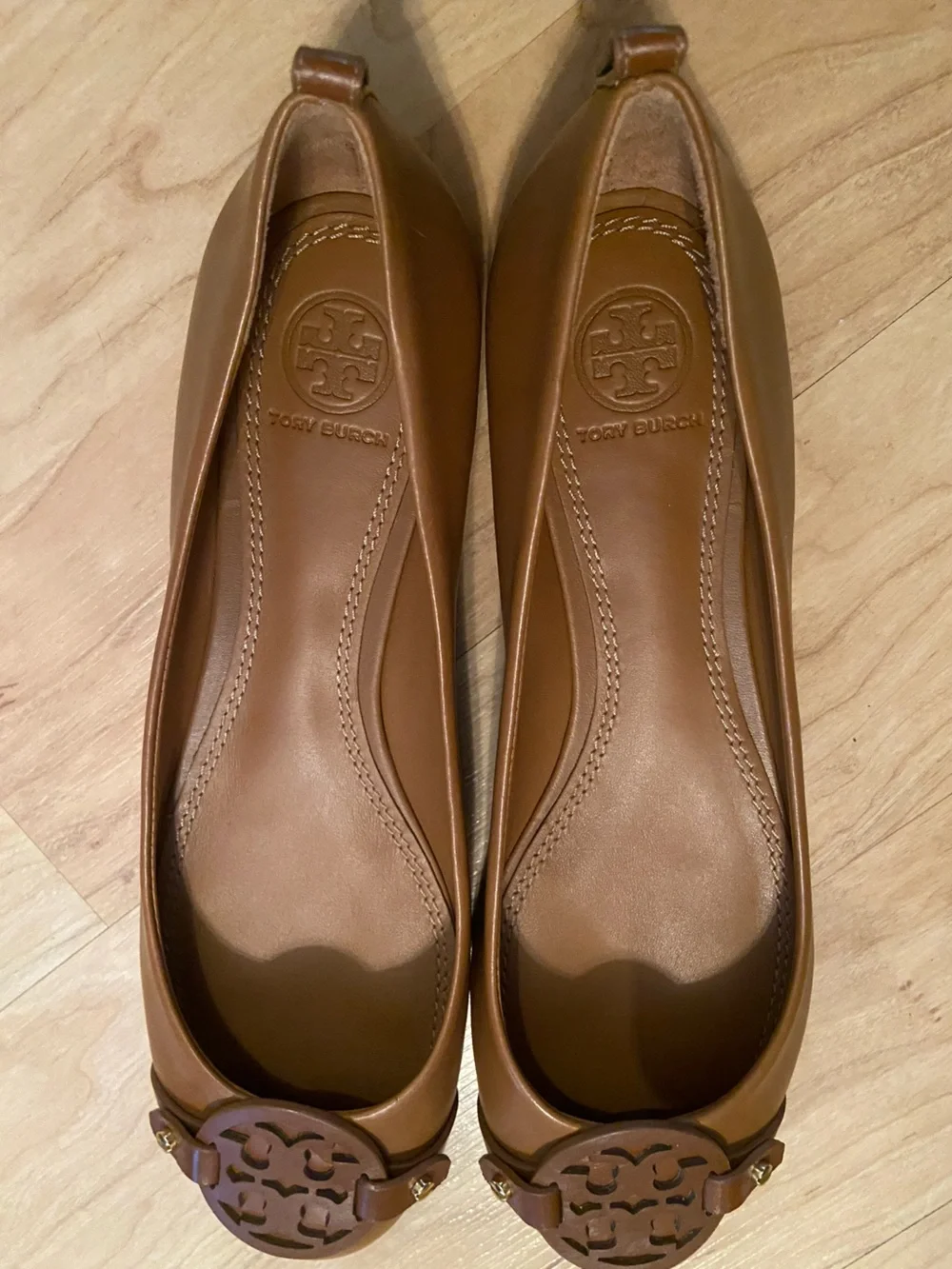 Tory Burch Cognac Leather Logo Ballet Flats